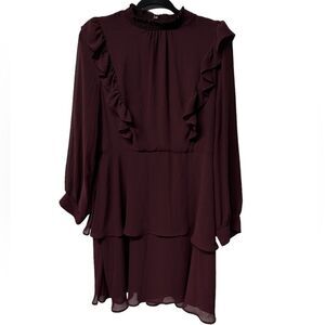 Express Martin Burgundy Smocked Long Sleeve Peasant Dress Fall Winter Ruffle